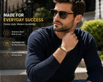 Men's Black Leather Bracelet with Stainless Steel Two Tone Gold & Silver ID Plate, 8 Inch Fashion Bracelet for Men