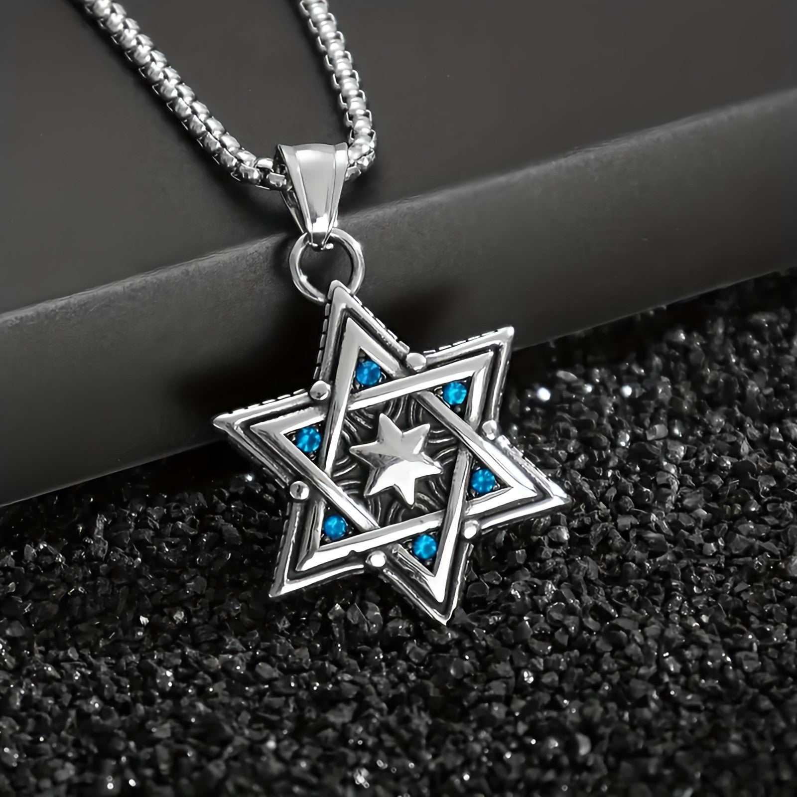 My Daily Styles Stainless Steel Star of David Pendant Necklace with Blue Accents – Jewish Judaica Necklace with 22" Chain for Men & Women