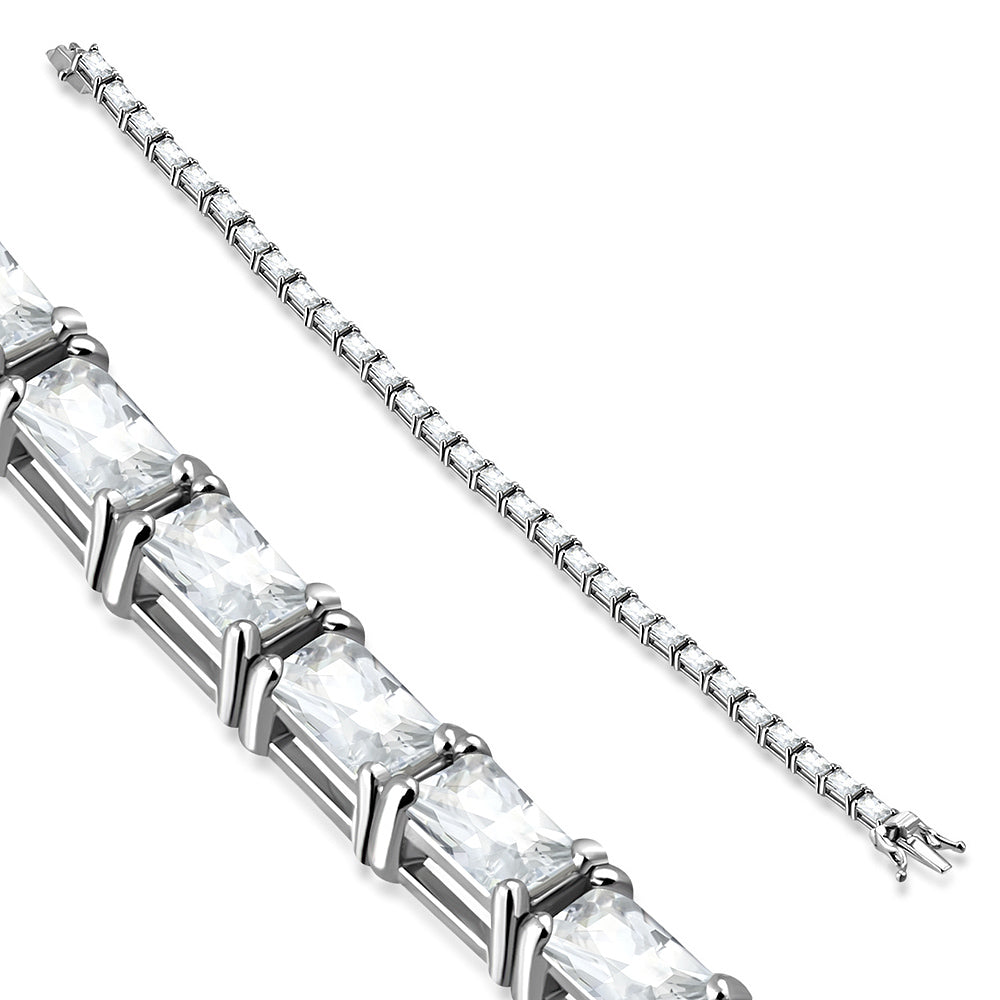 925 Sterling Silver Rectengular White Clear CZ Tennis Bracelet, 7"