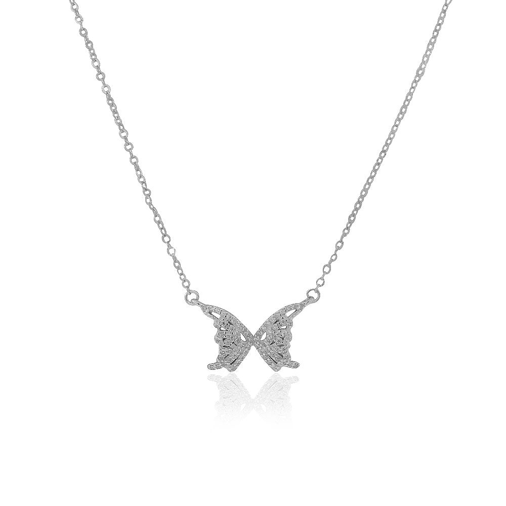 925 Sterling Silver White Clear CZ Butterfly Pendant Necklace