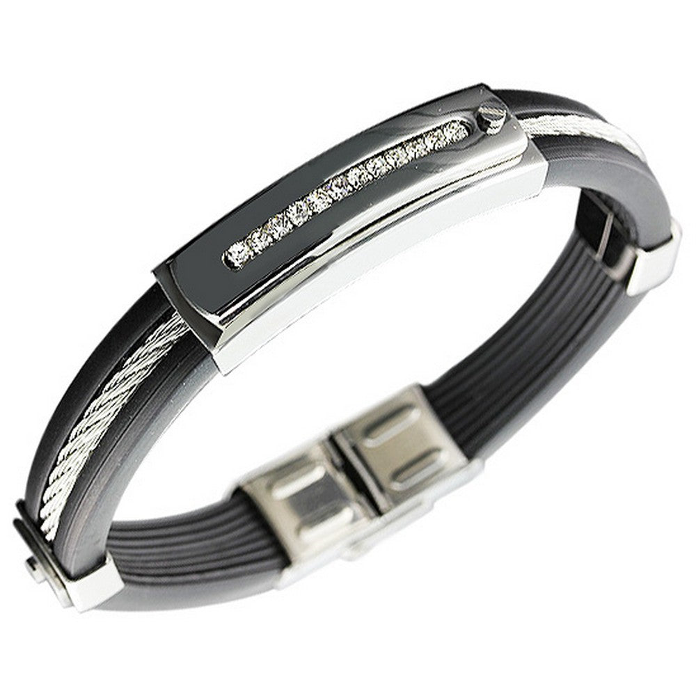 Stainless Steel Black Rubber Silicone Silver-Tone White CZ Men's Bracelet