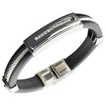 Stainless Steel Black Rubber Silicone Silver-Tone White CZ Men's Bracelet