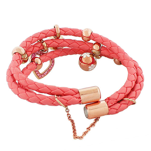 Fashion Alloy Pink Faux PU Leather Rose Gold-Tone CZ Love Heart Multi-Row Layer Bracelet