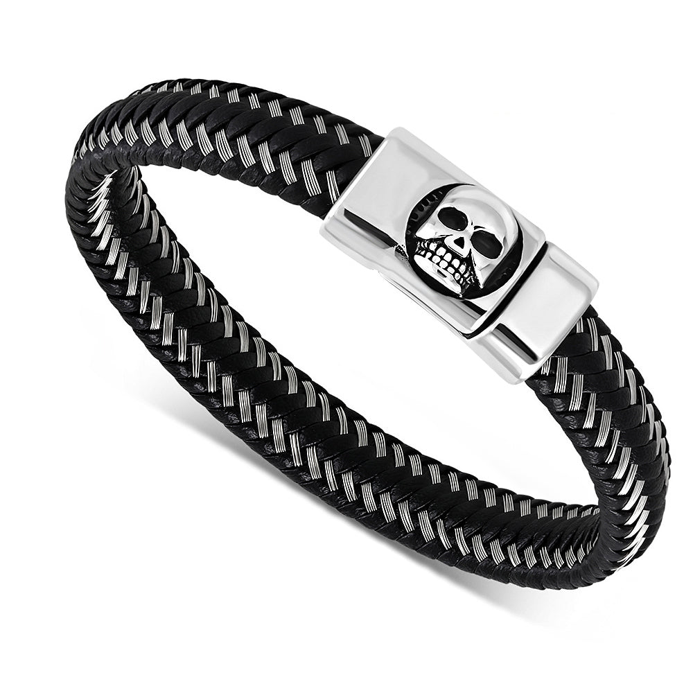 Stainless Steel Silver-Tone Black Leather Braided Skull Wristband Bracelet, 8.5"