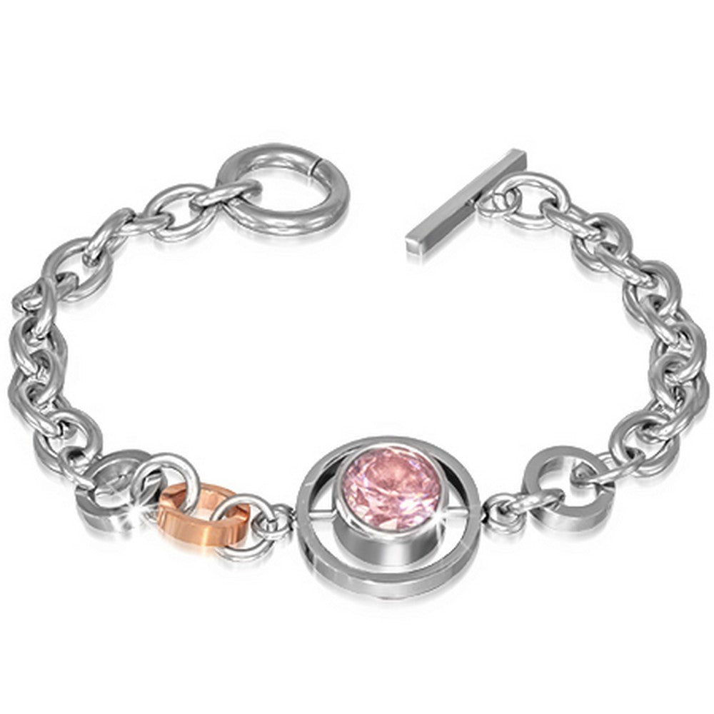 Stainless Steel Silver and Rose Gold-Tone Bezel-Set Pink Stone Link Chain Womens Bracelet