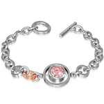 Stainless Steel Silver and Rose Gold-Tone Bezel-Set Pink Stone Link Chain Womens Bracelet