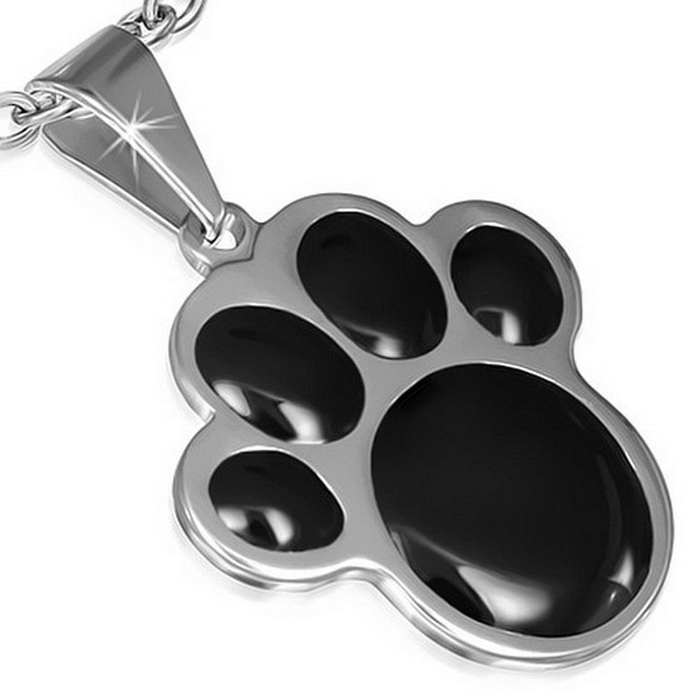 Dog Puppy Animal Black Paw Print Necklace Stainless Steel