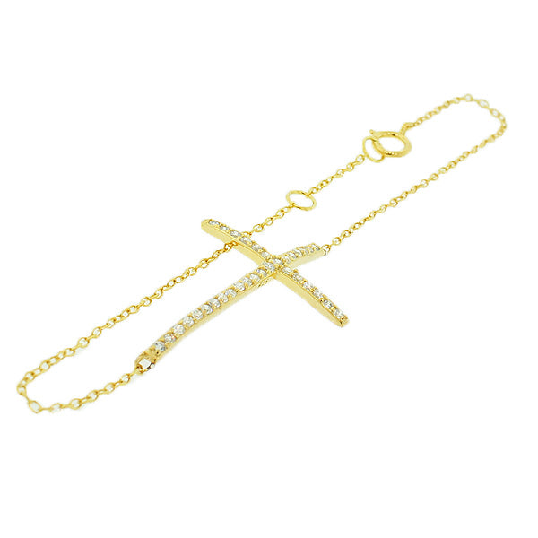 Gold-Tone Sideways Cross White CZ Necklace Bracelet Set