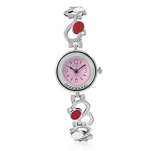 Fashion Alloy Silver-Tone Pink Love Heart Round Dial Womens Bracelet Watch