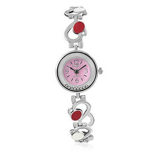 Fashion Alloy Silver-Tone Pink Love Heart Round Dial Womens Bracelet Watch