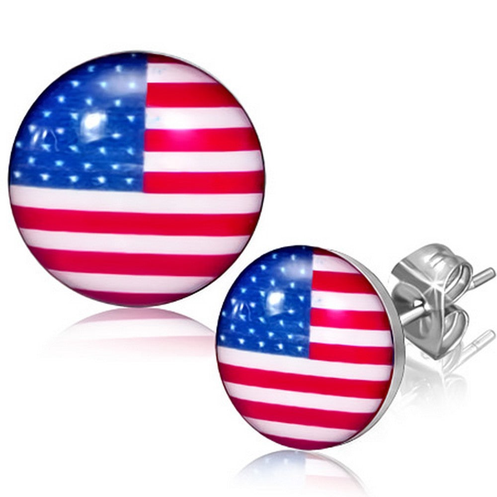 Stainless Steel Silver-Tone USA American Flag Patriotic Stud Earrings