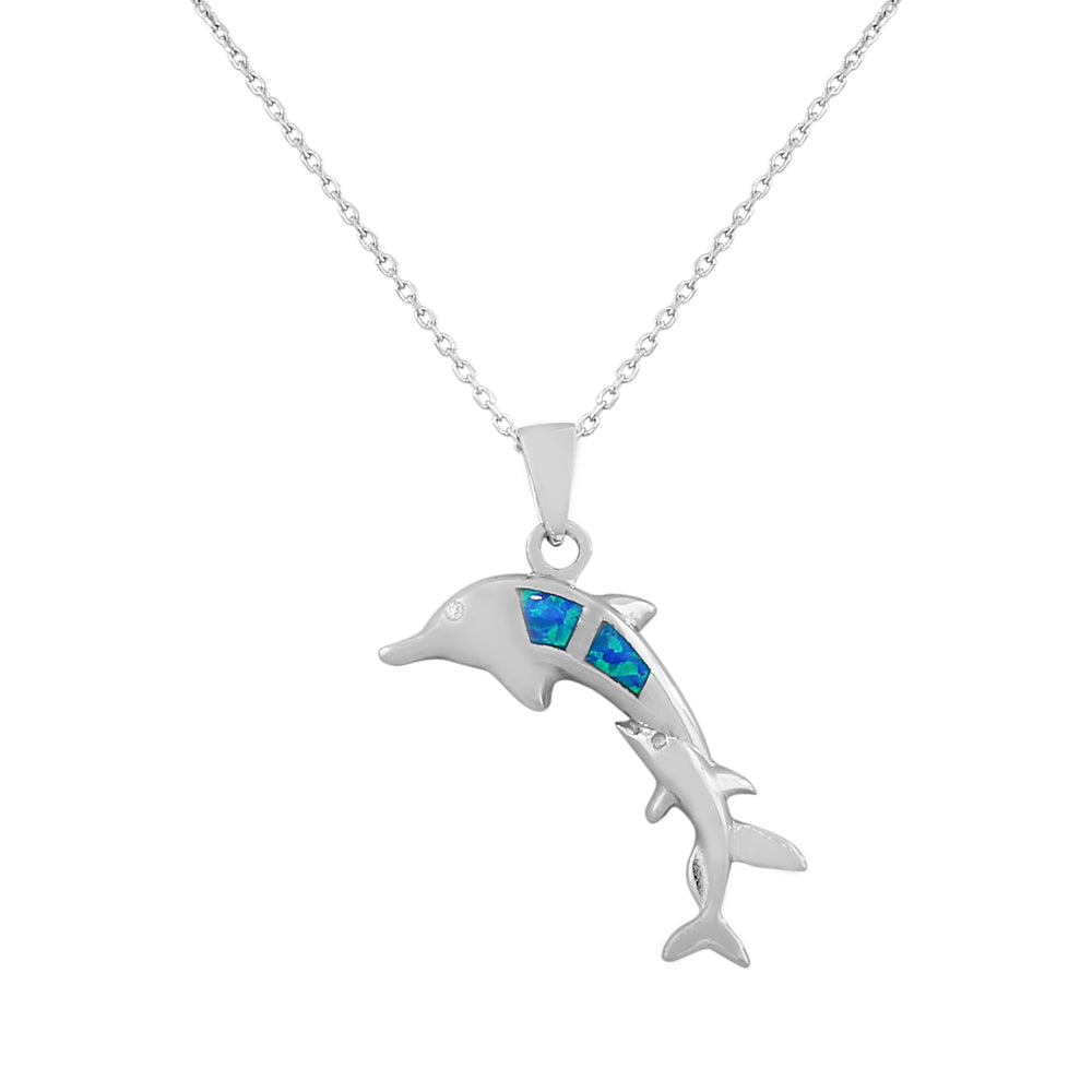 925 Sterling Silver Womens Dolphin Blue Turquoise Simulated Opal Pendant Necklace