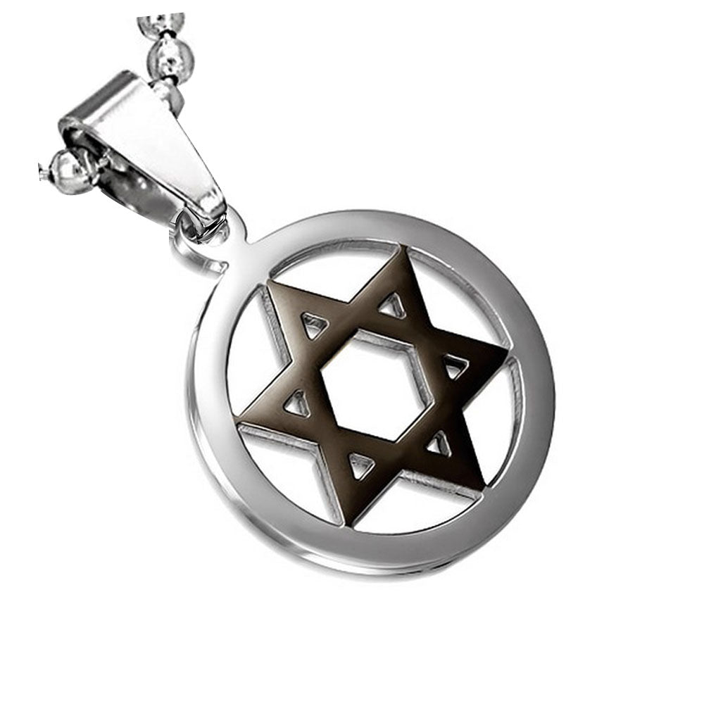 Stainless Steel Black Silver-Tone Jewish Star of David Charm Pendant Necklace