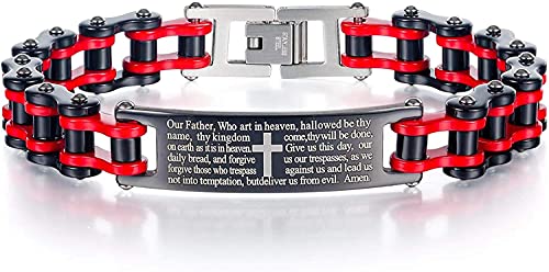 Mens Motorcycle Bike Link Chain Lord's Prayer English Christian Cross Bracelet Size 8 Inch or Size 9 Inch