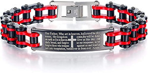 Mens Motorcycle Bike Link Chain Lord's Prayer English Christian Cross Bracelet Size 8 Inch or Size 9 Inch