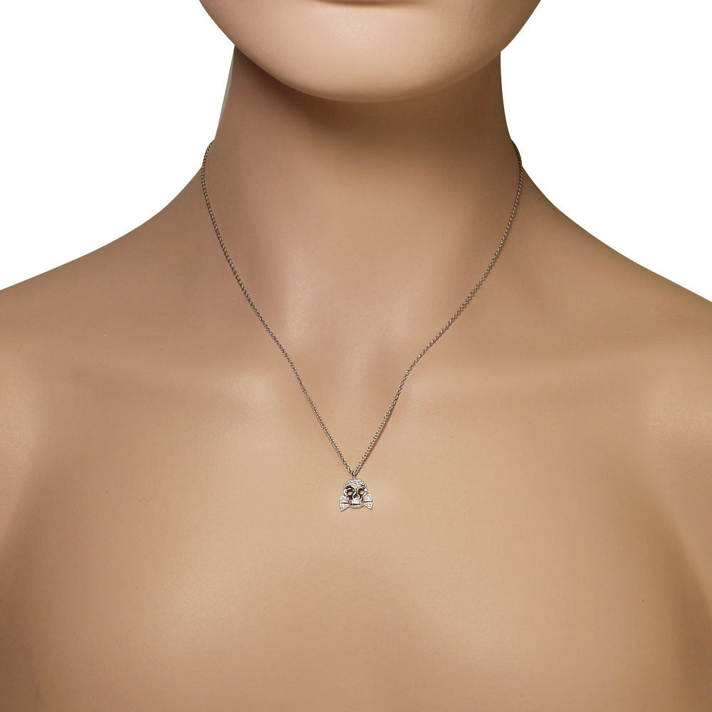 925 Sterling Silver Crossbones Skull White Clear CZ Pendant Necklace