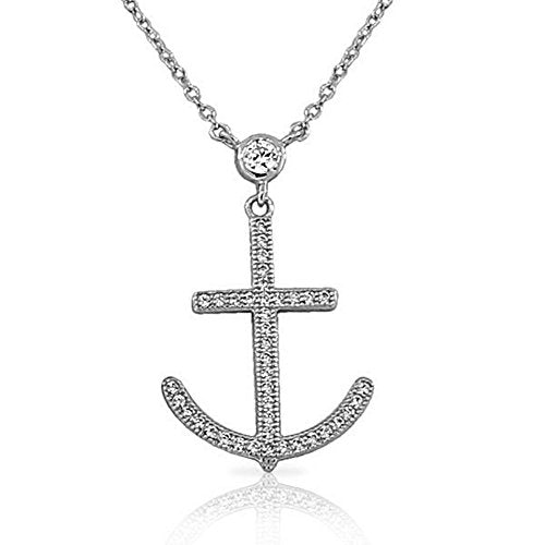 Sterling Silver White CZ Cross Anchor Pendant Necklace