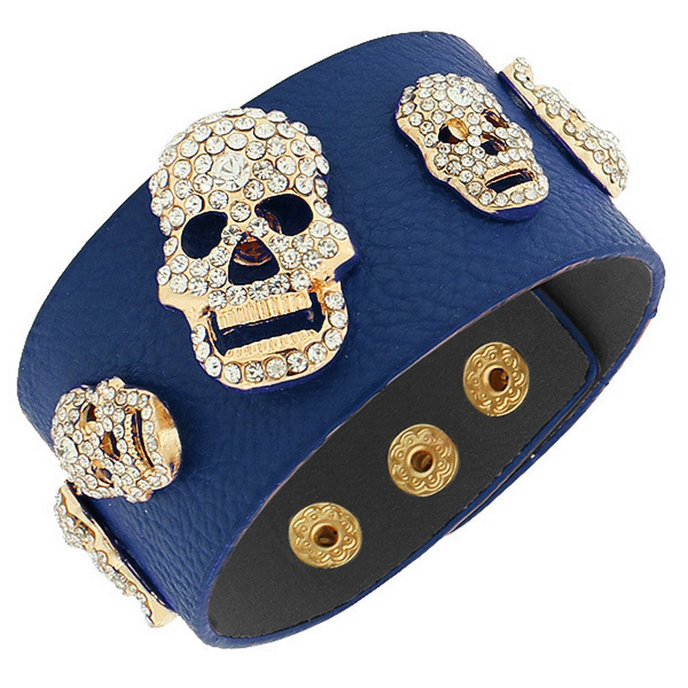 Fashion Blue Faux PU Leather White CZ Skull Wristband Bracelet