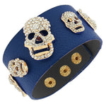 Fashion Alloy Blue Faux PU Leather White CZ Skull Wristband Bracelet