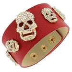 Fashion Alloy Red Faux PU Leather White CZ Skull Wristband Bracelet