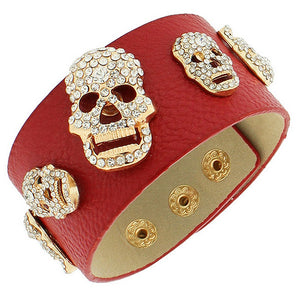 Fashion Alloy Red Faux PU Leather White CZ Skull Wristband Bracelet