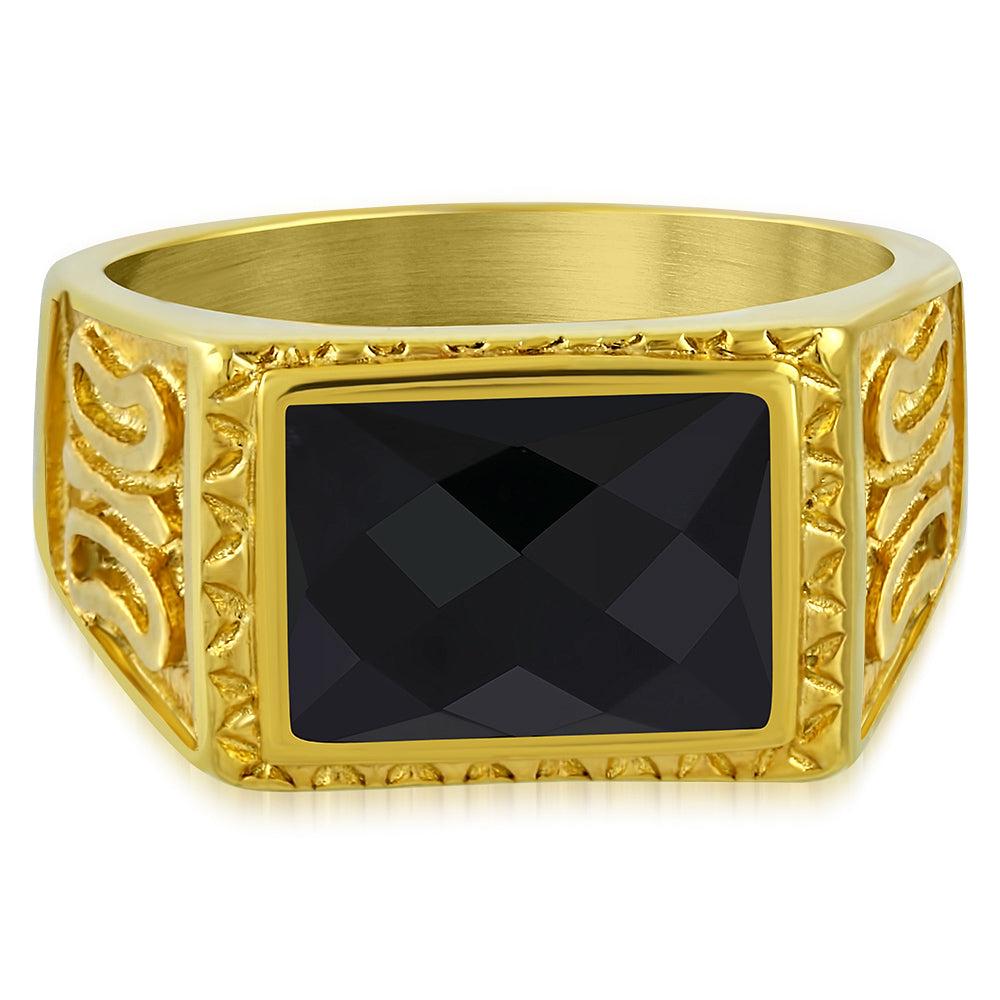 Stainless Steel Yellow Gold-Tone Black Simulated Onyx Mens Ring