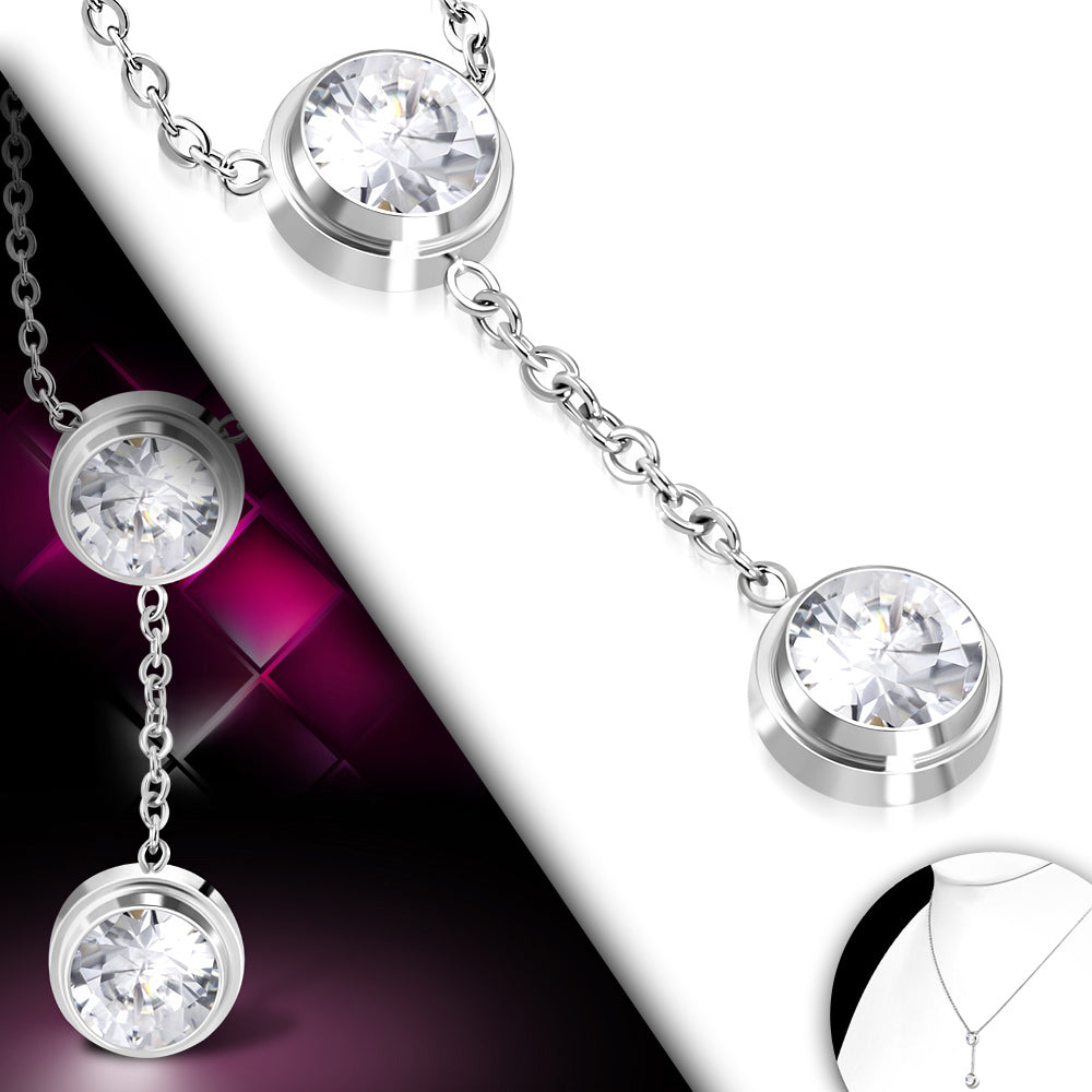 Stainless Steel Silver-Tone White Clear Bezel-Set CZ Pendant Necklace