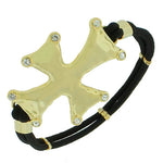Fashion Alloy Yellow Gold-Tone Cross Charm White CZ Black Stretch Bracelet