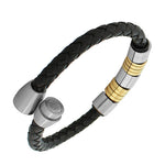 Stainless Steel Black Leather Two-Tone Men's Bracelet