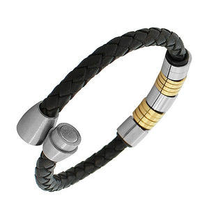 Stainless Steel Black Leather Two-Tone Men's Bracelet