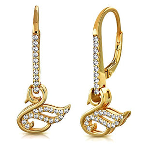 925 Sterling Silver Rose Gold-Tone White Clear CZ Swan Bird Drop Dangle Earrings, 1.15"