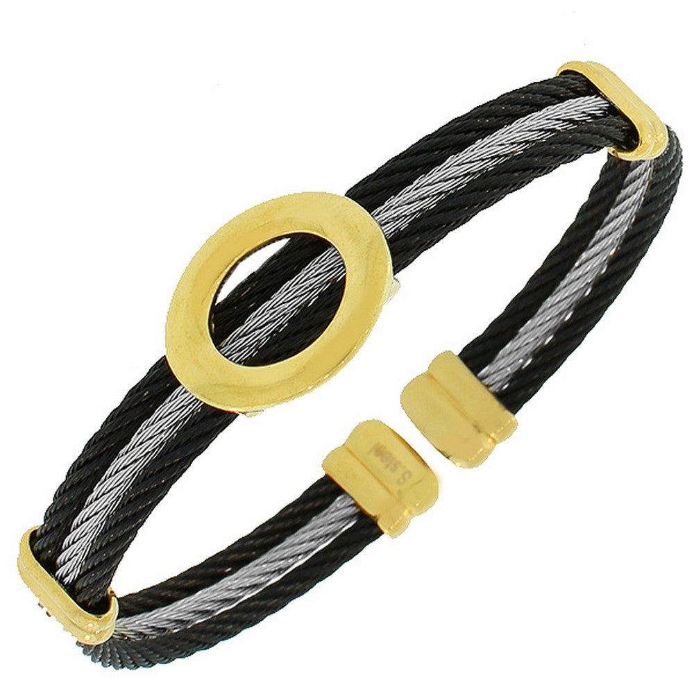 Stainless Steel Black Yellow Gold-Tone Silver-Tone Open End Bangle Bracelet