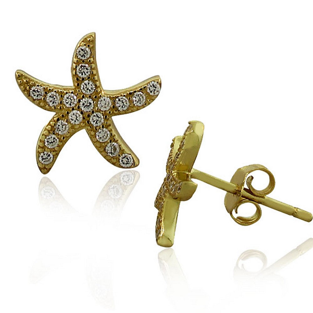 Sterling Silver Yellow Gold-Tone White CZ Starfish Womens Girls Stud Earrings