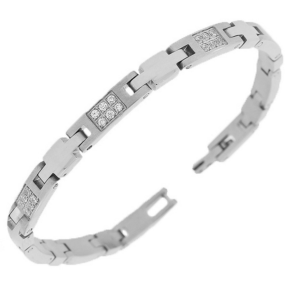 Stainless Steel Silver-Tone Link Chain White Round CZ Mens Womens Bracelet