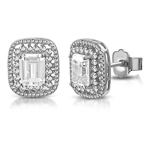 925 Sterling Silver Yellow Gold-Tone Large Statement Rectangular Clear White CZ Stud Earrings, 0.65"