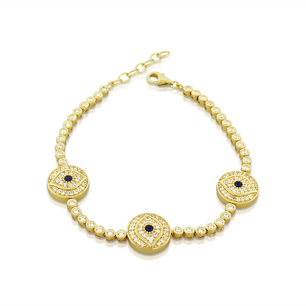 Yellow Gold-Tone White Blue Bezel-Set CZ Evil Eye Tennis Bracelet