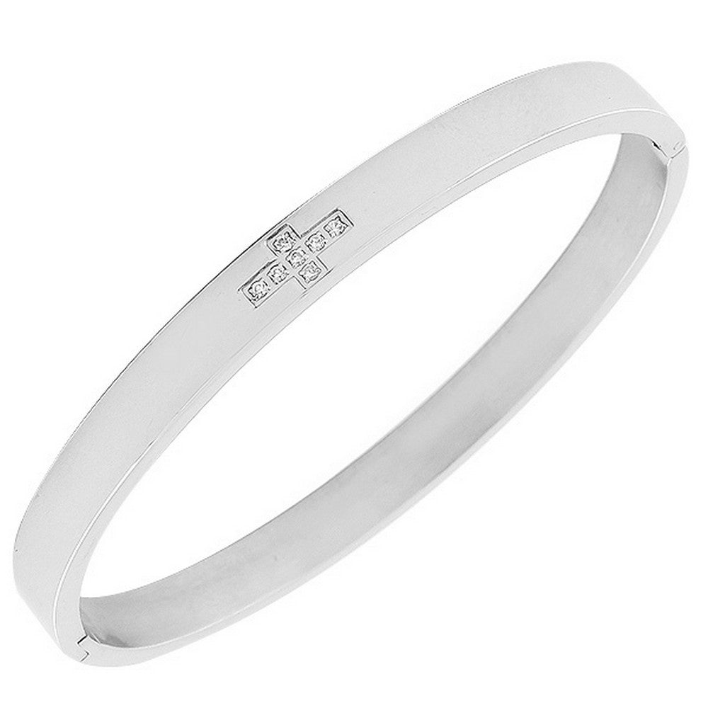 Stainless Steel Silver-Tone White CZ Cross Bangle Bracelet