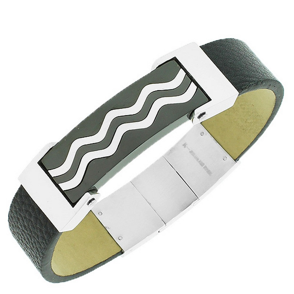 Stainless Steel Black Leather Silver-Tone Waves Design Men's Adjustable Bracelet