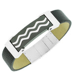 Stainless Steel Black Leather Silver-Tone Waves Design Men's Adjustable Bracelet