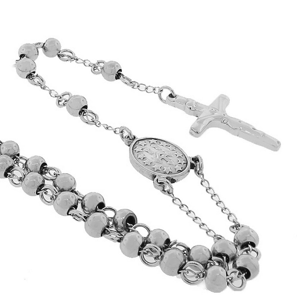 Stainless Steel Silver-Tone Beads Religious Cross Rosary Necklace