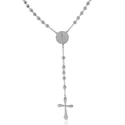 Stainless Steel Yellow Gold-Tone St. Benedict Religious Cross Rosary Beads Necklace