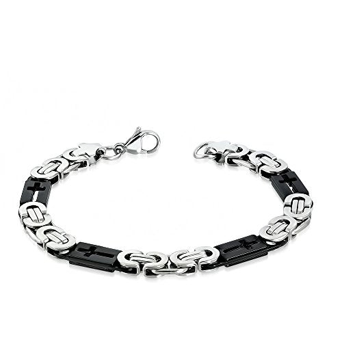 Stainless Steel Silver-Tone Black Religious Cross Men's Bracelet, 9"
