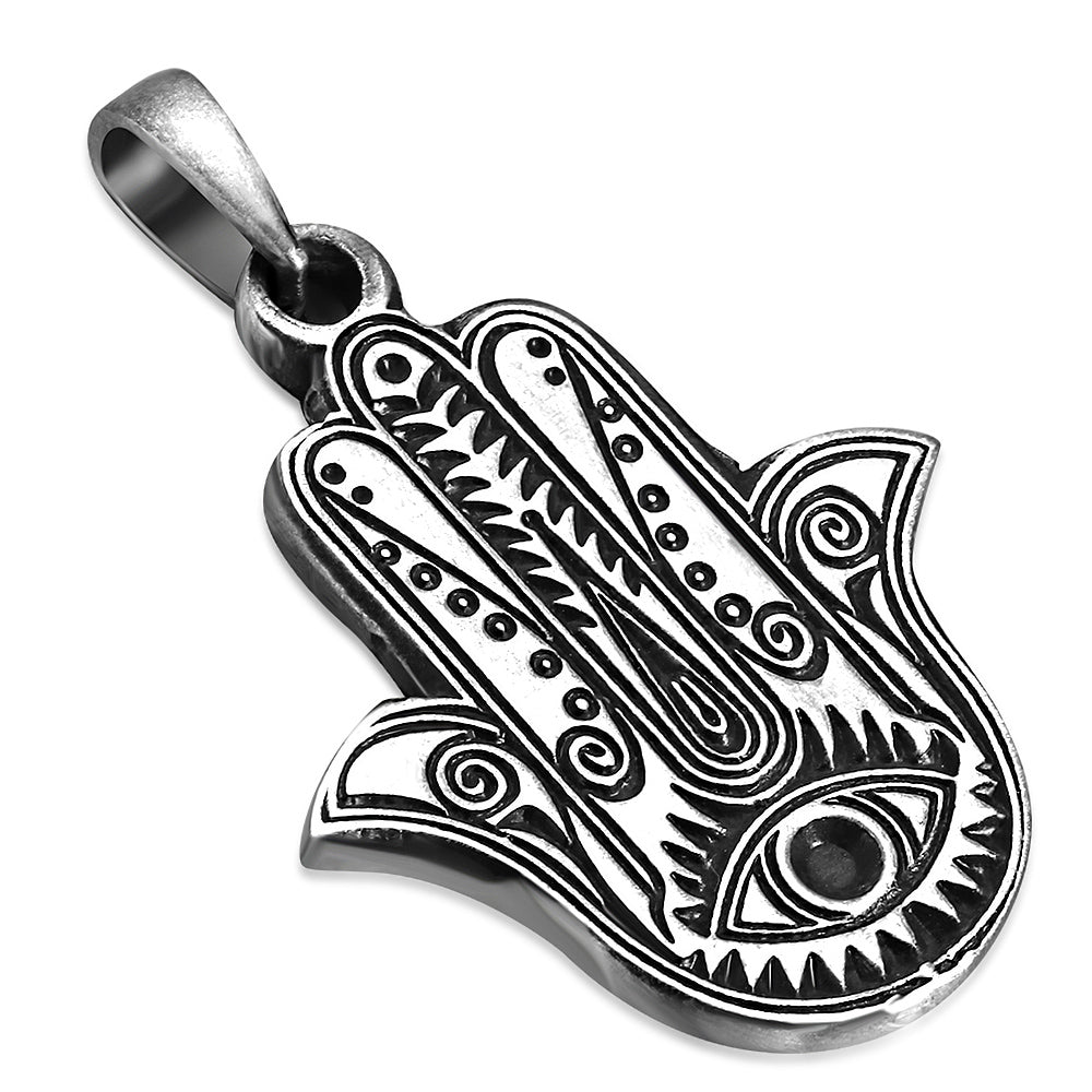 Pewter Silver-Tone Hamsa Hand Protection Men's Pendant Necklace, 19"
