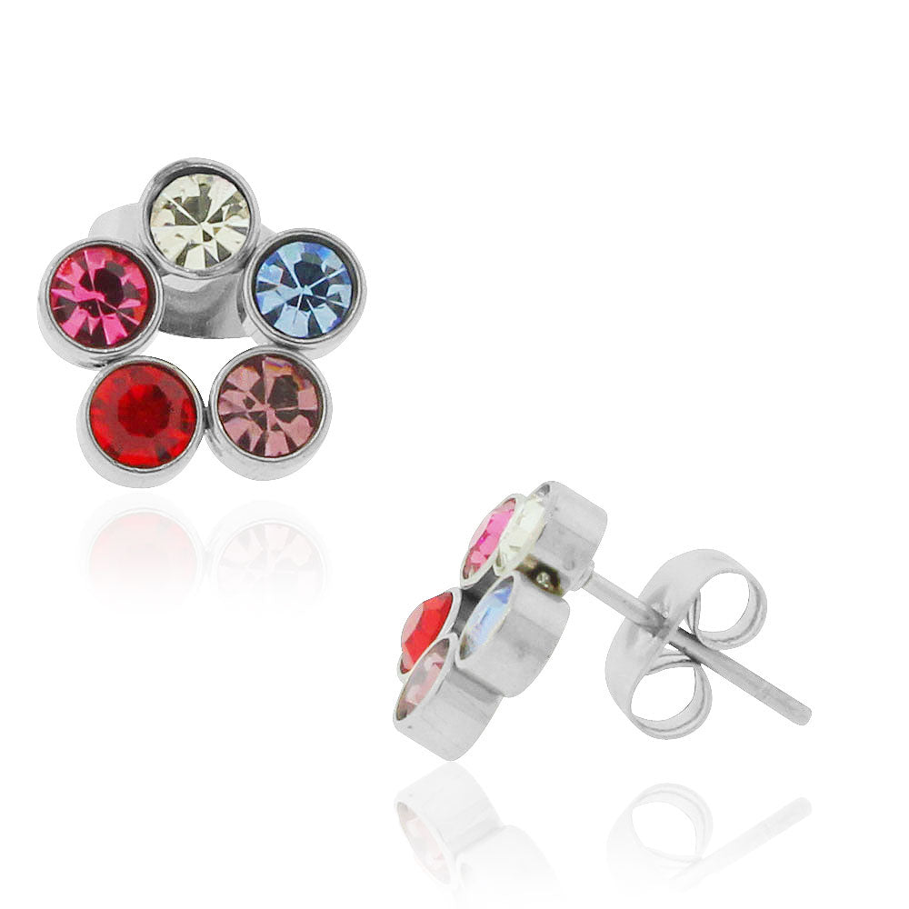 Stainless Steel Multicolor CZ Floral Flowers Stud Earrings