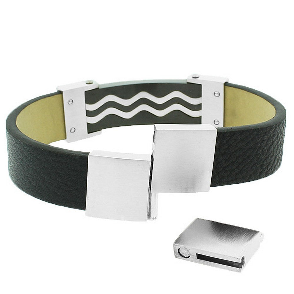Stainless Steel Black Leather Silver-Tone Waves Design Men's Adjustable Bracelet