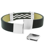 Stainless Steel Black Leather Silver-Tone Waves Design Men's Adjustable Bracelet