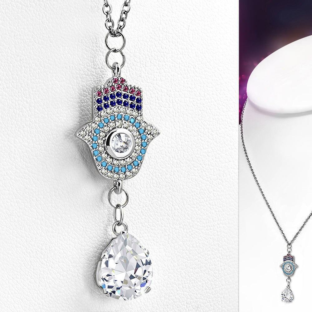 Stainless Steel Multi-Color CZ Womens Hamsa Protection Pendant Necklace
