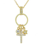 925 Sterling Silver Yellow Gold-Tone White CZ Cross Star Charms Link Chain Necklace