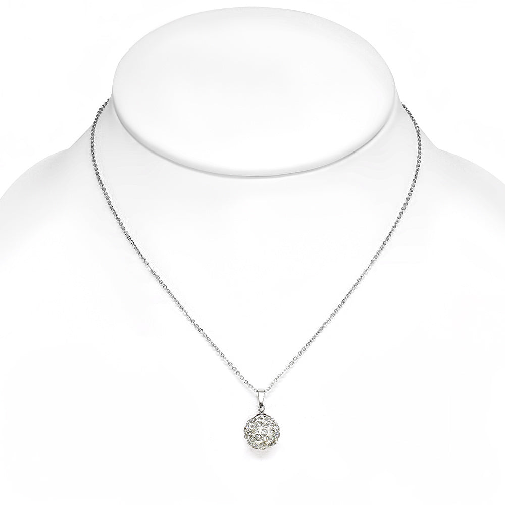 Stainless Steel Silver-Tone Bead Ball White CZ Pendant Necklace