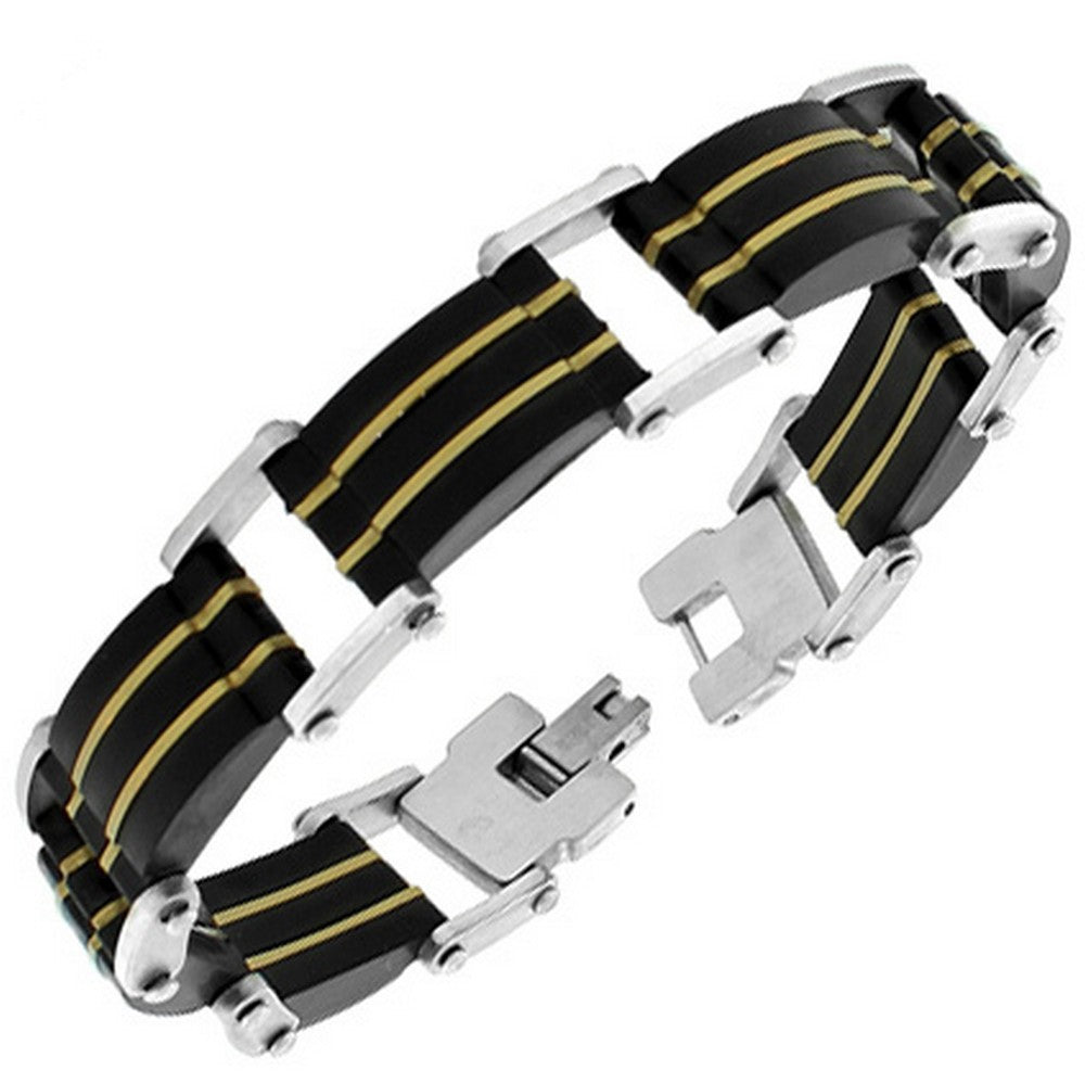 Stainless Steel Silver Black Yellow Gold-Tone Link Chain Mens Bracelet